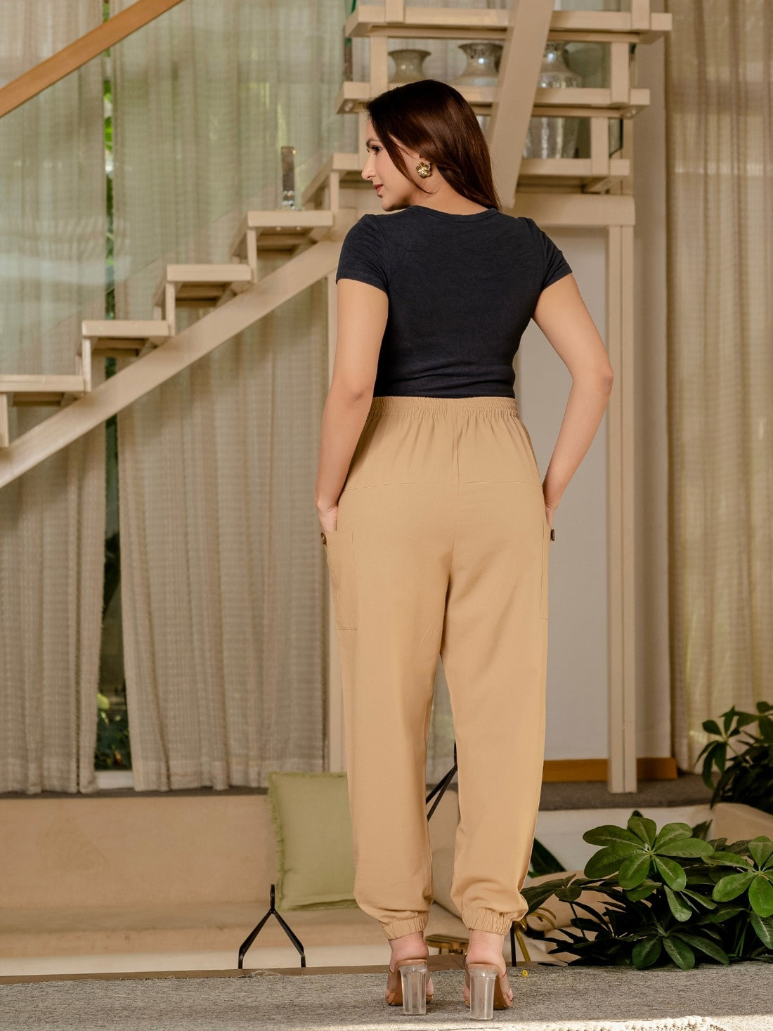 Women's Beige Four Pocket Cotton Cargo Pants
