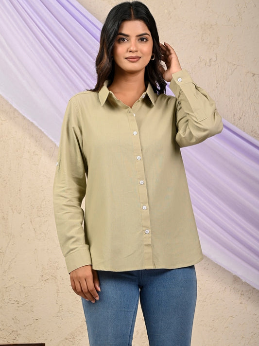 Womens Solid Beige Airy Linen Cotton Shirt