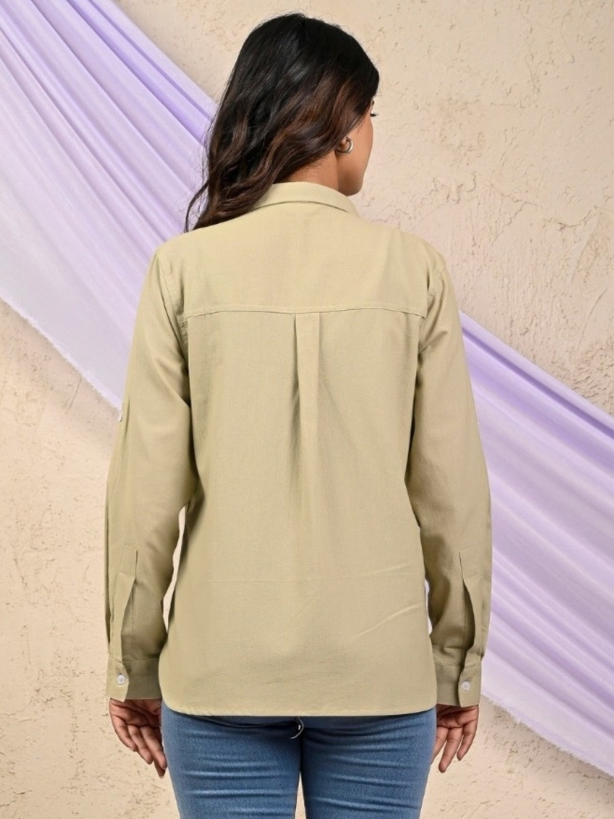 Womens Solid Beige Airy Linen Cotton Shirt