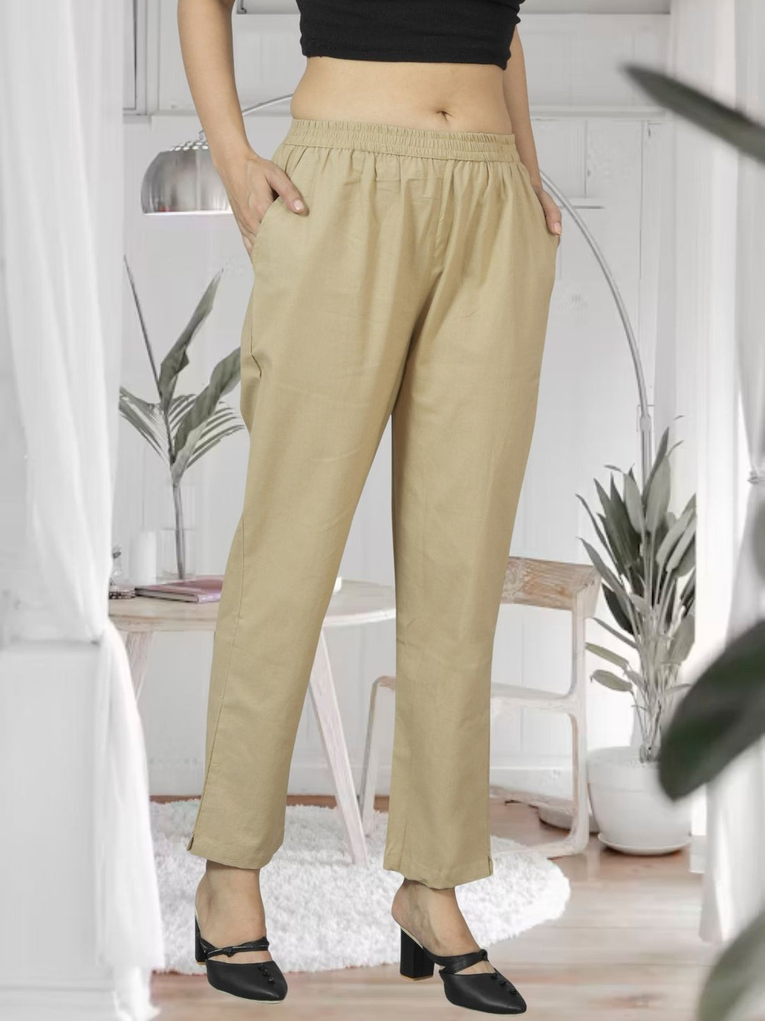 Beige Fully Elastic Airy Linen Cotton Pants