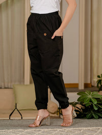 Quaclo Women's Black Pure Four Pocket Cotton Cargo Pants