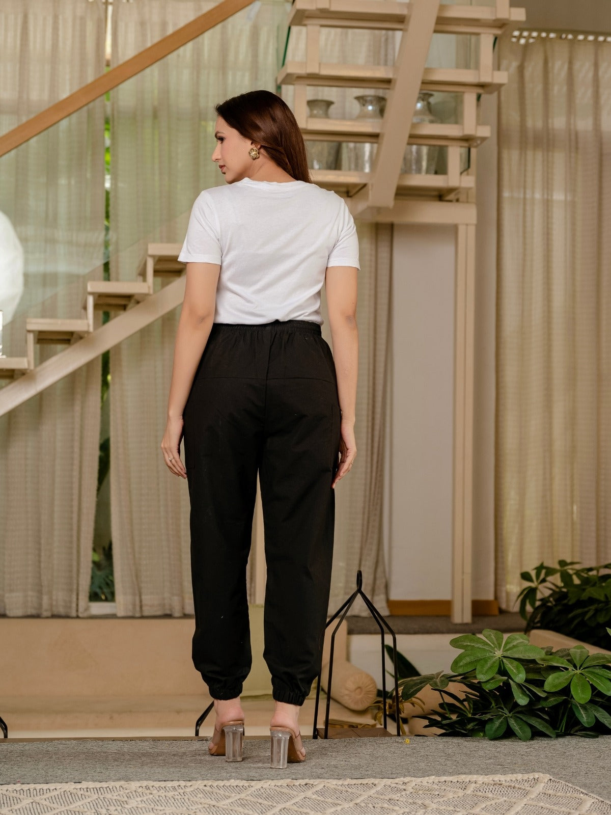 Quaclo Women's Black Pure Four Pocket Cotton Cargo Pants