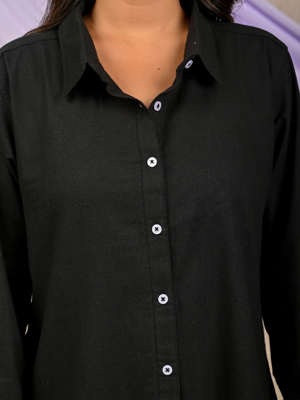 Womens Solid Black Airy Linen Cotton Shirt