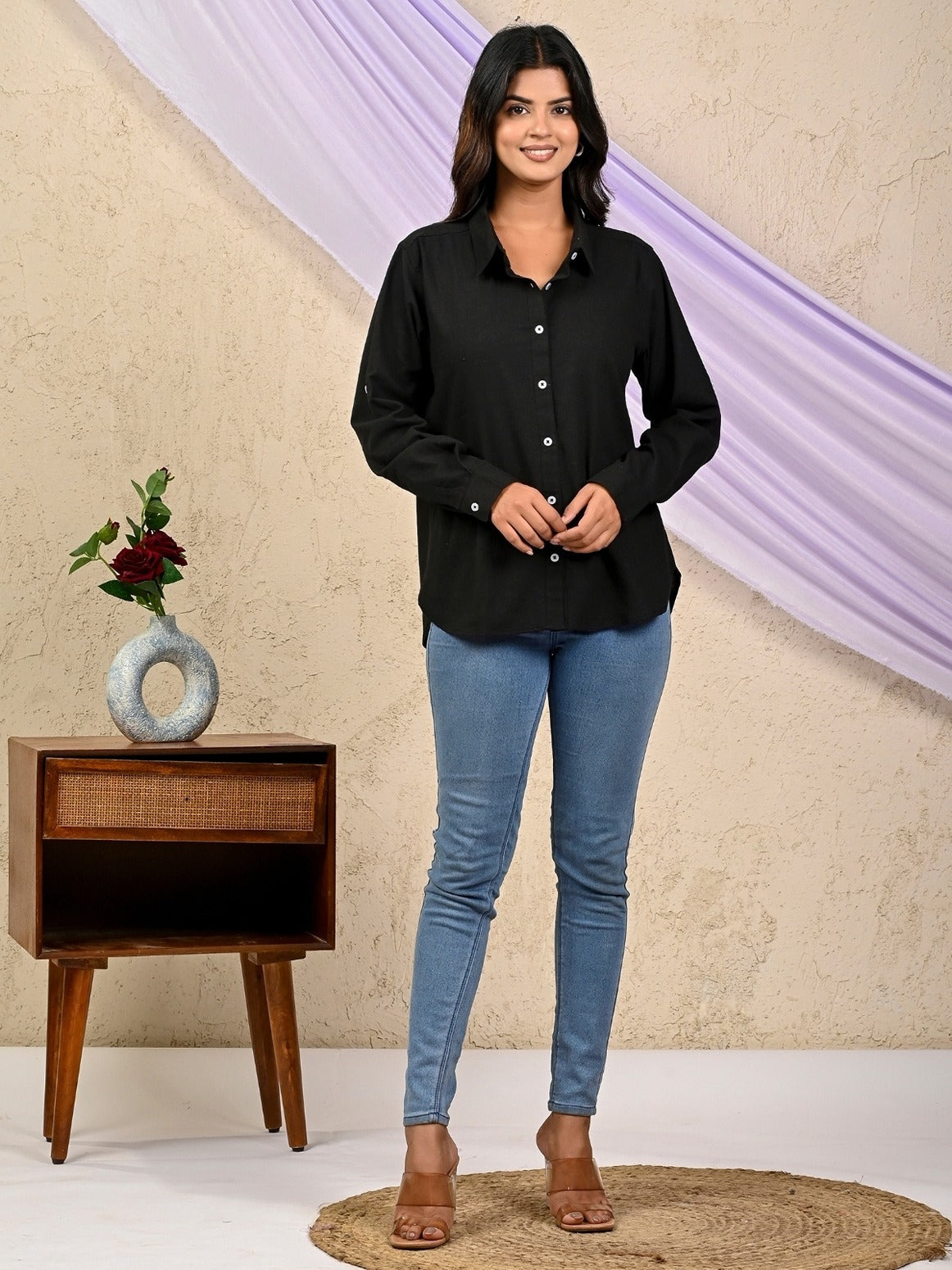 Women Beige And Black Solid Airy Linen Cotton Shirts Combo