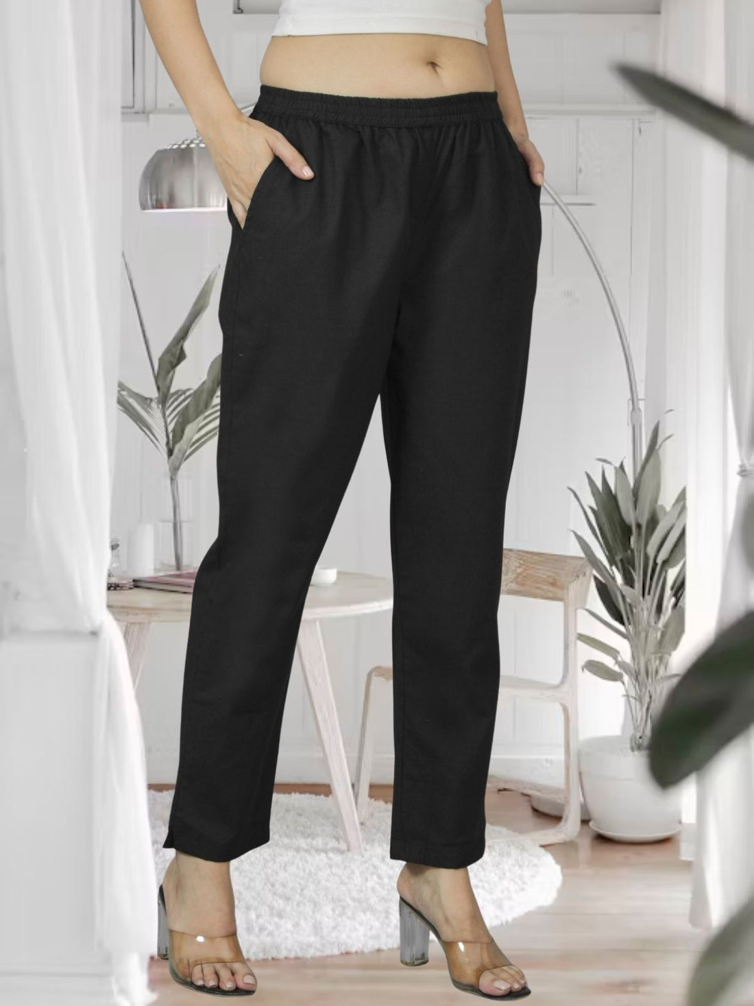 Black Fully Elastic Airy Linen Cotton Pants
