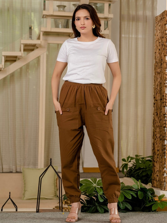 Quaclo Women's Brown Four Pocket Cotton Cargo Pants