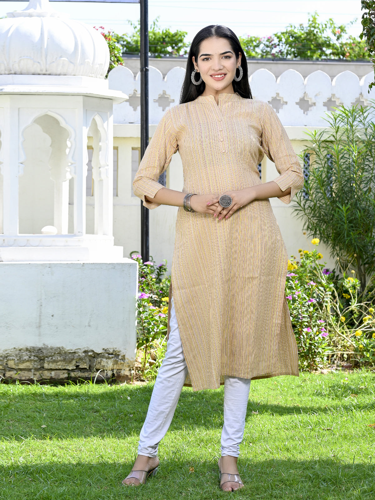 Ethnic Wear Khadi Cotton Brown Multistripe Couple Kurta Set