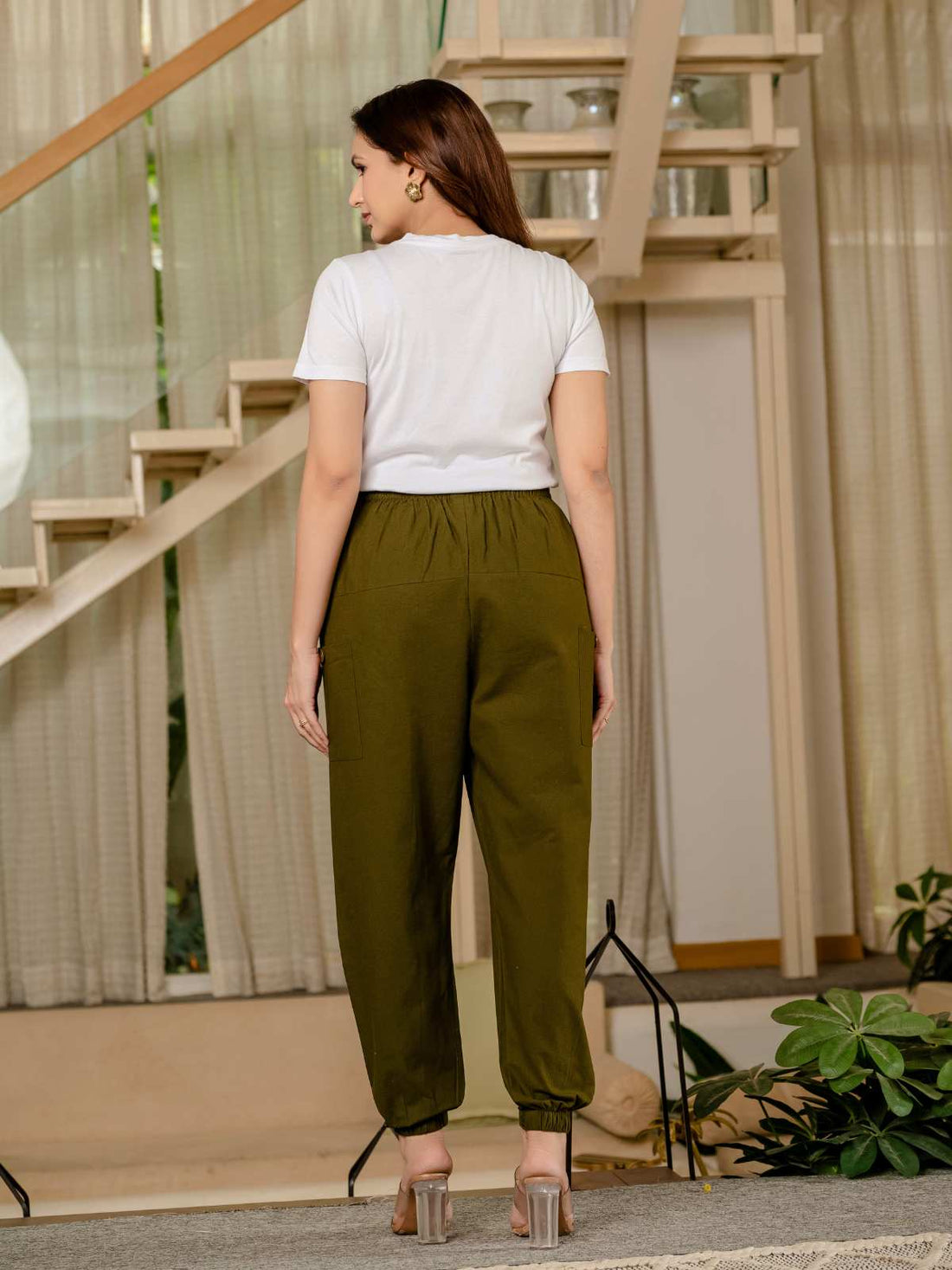 Women's Dark Green Four Pocket Cotton Cargo Pants