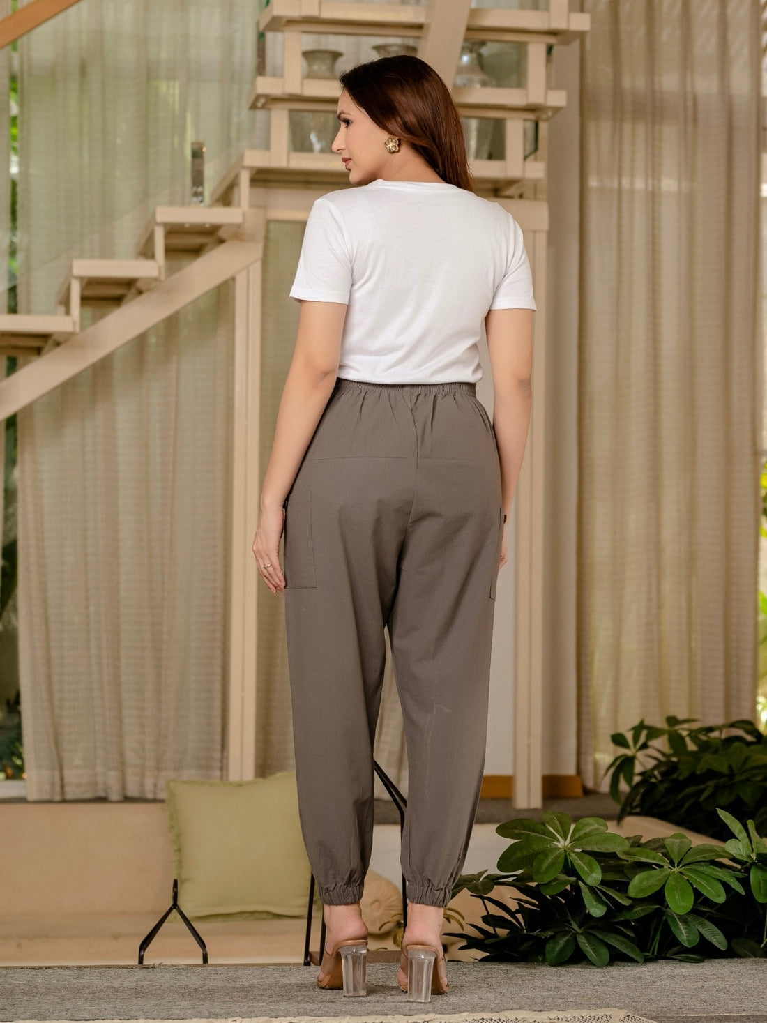 Women's Grey Four Pocket Cotton Cargo Pants