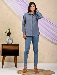 Womens Solid Grey Airy Linen Cotton Shirt