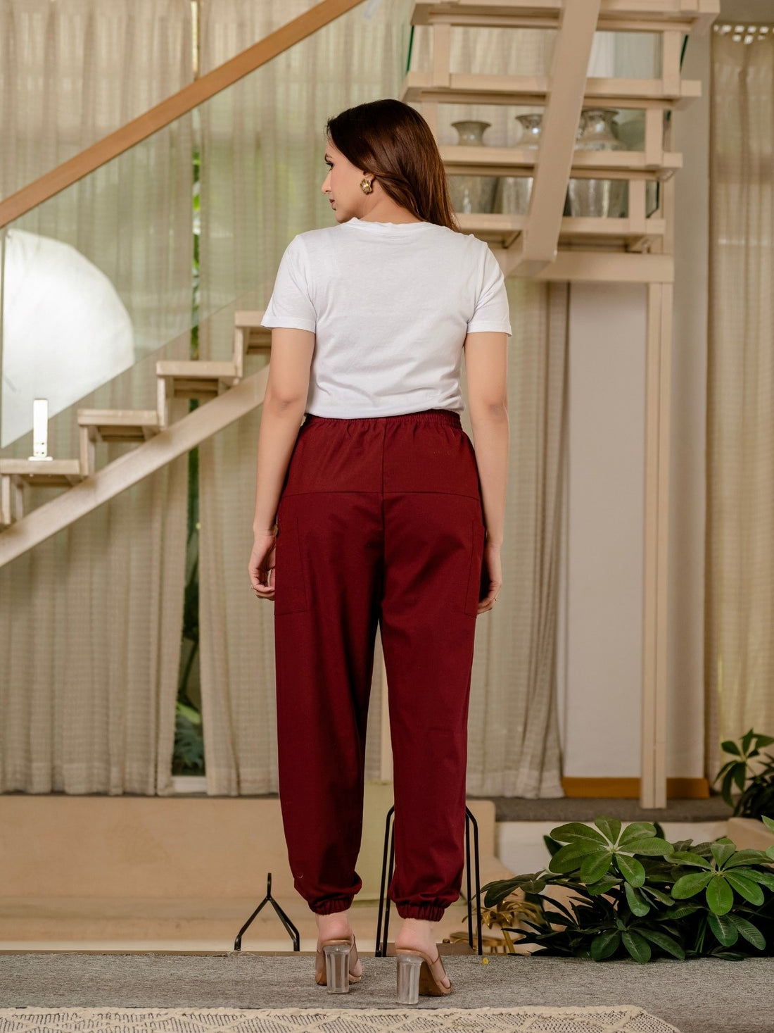 Women's Maroon Four Pocket Cotton Cargo Pants