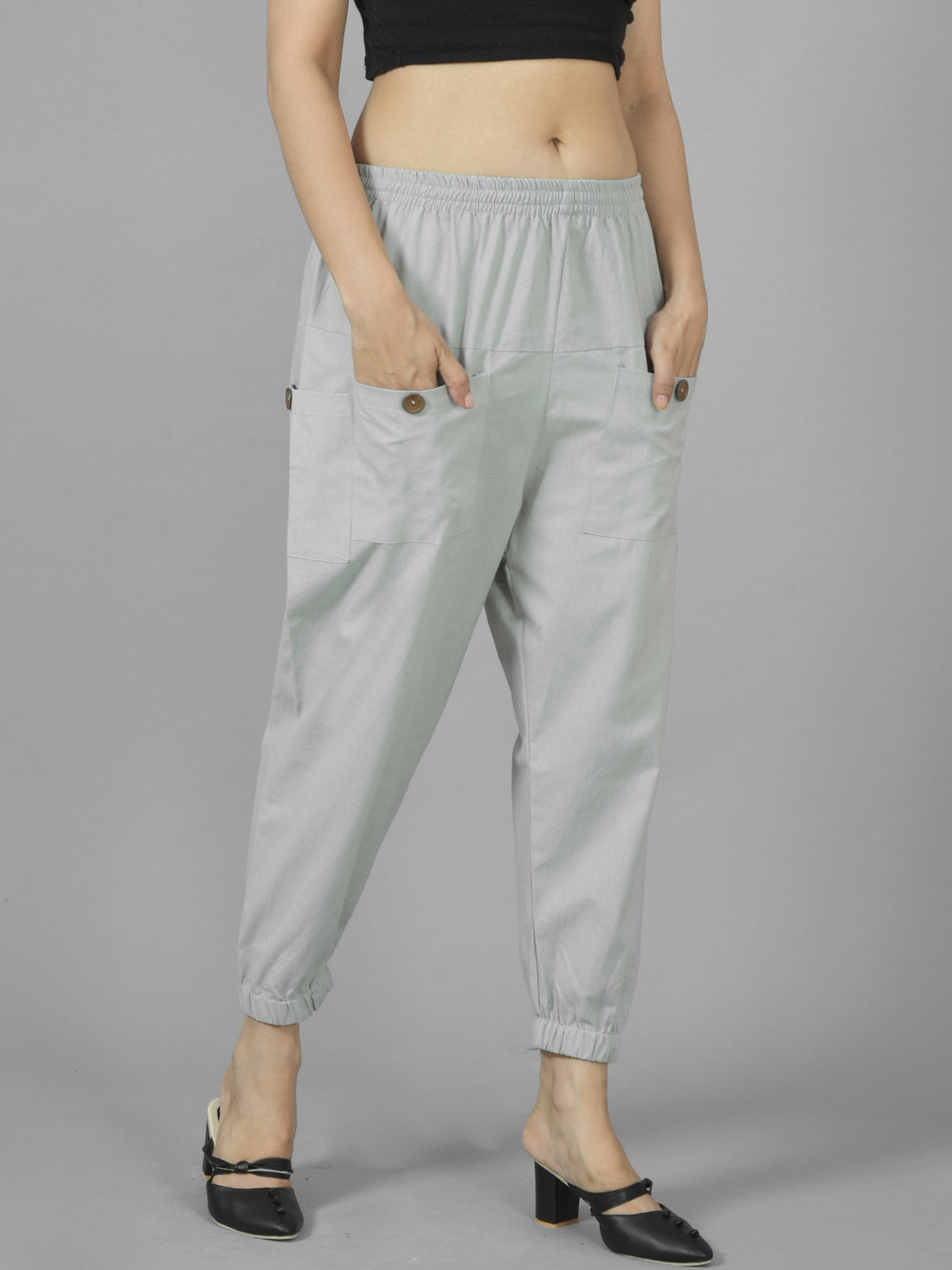 Women's Melange Grey Four Pocket Cotton Cargo Pants