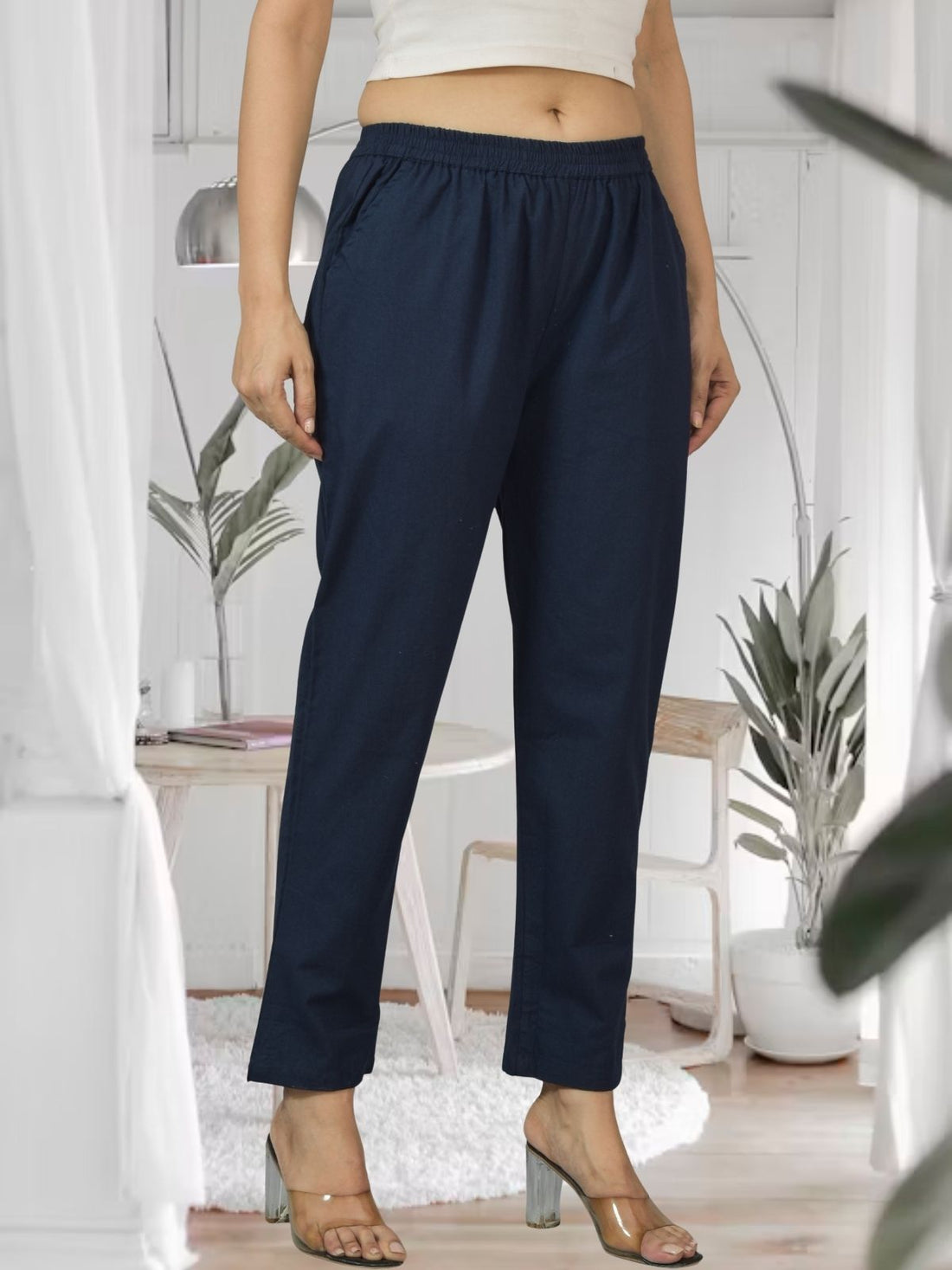 Navy Blue Fully Elastic Airy Linen Cotton Pants