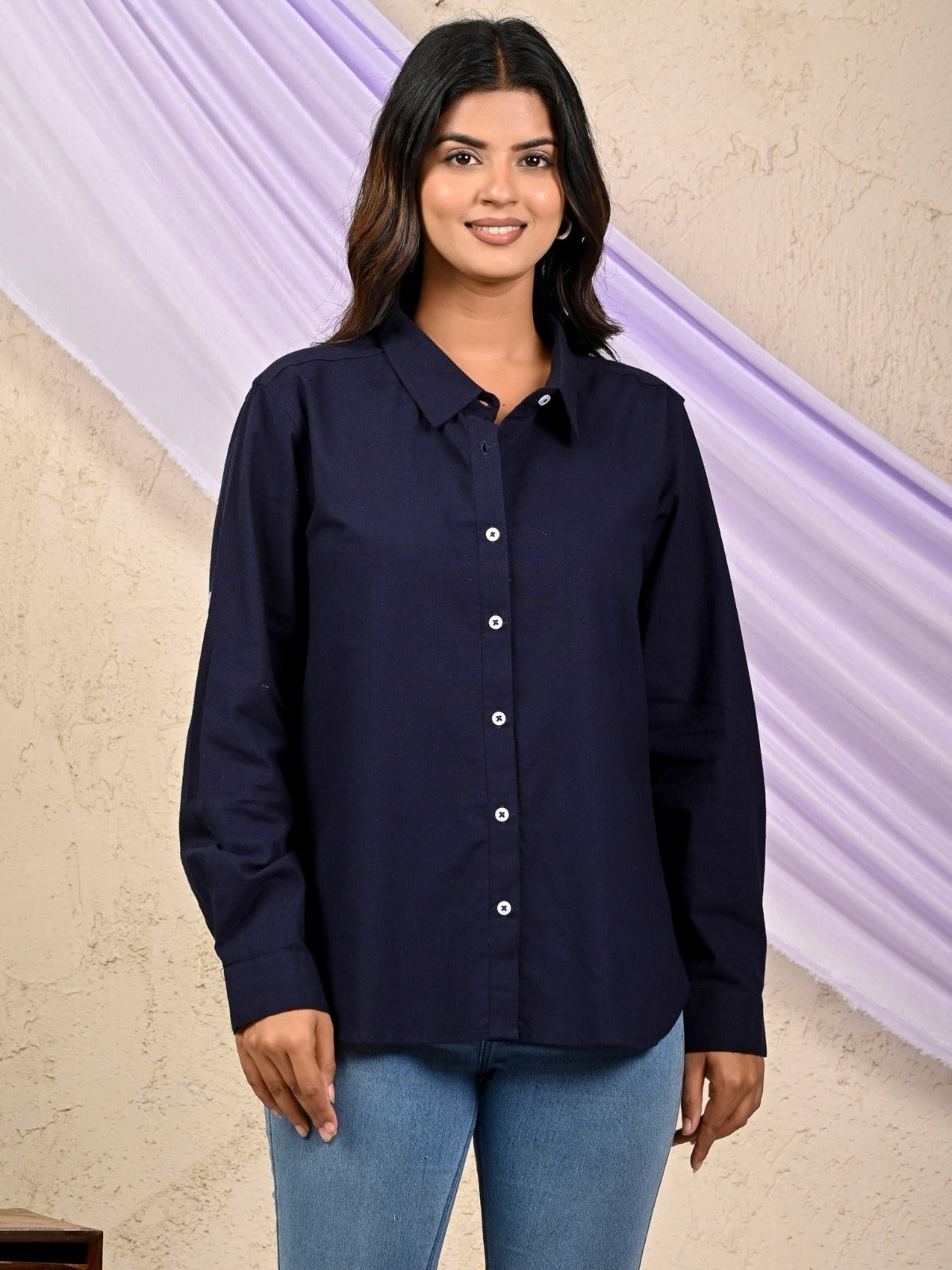 Womens Solid Navy Blue Airy Linen Cotton Shirt