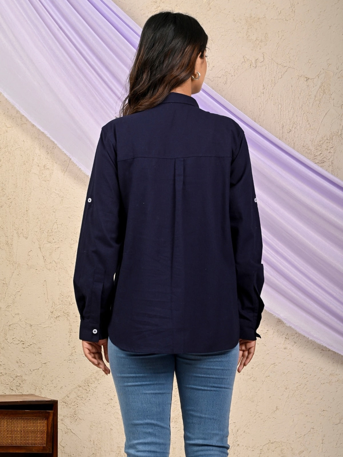 Womens Solid Navy Blue Airy Linen Cotton Shirt