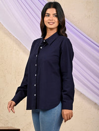 Womens Solid Navy Blue Airy Linen Cotton Shirt