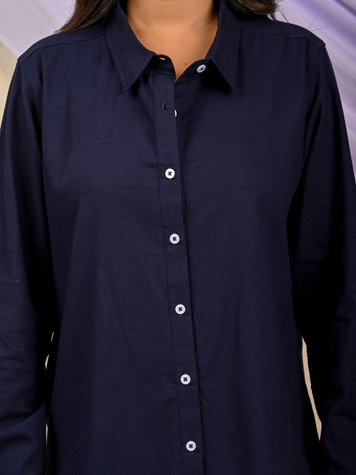 Womens Solid Navy Blue Airy Linen Cotton Shirt