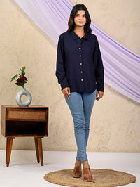 Womens Solid Navy Blue Airy Linen Cotton Shirt