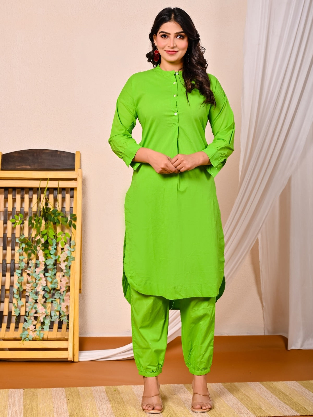 Womens Parrot Green Cotton Pathani Kurta and Pant Set