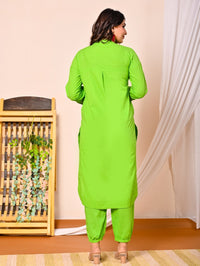 Womens Parrot Green Cotton Pathani Kurta and Pant Set