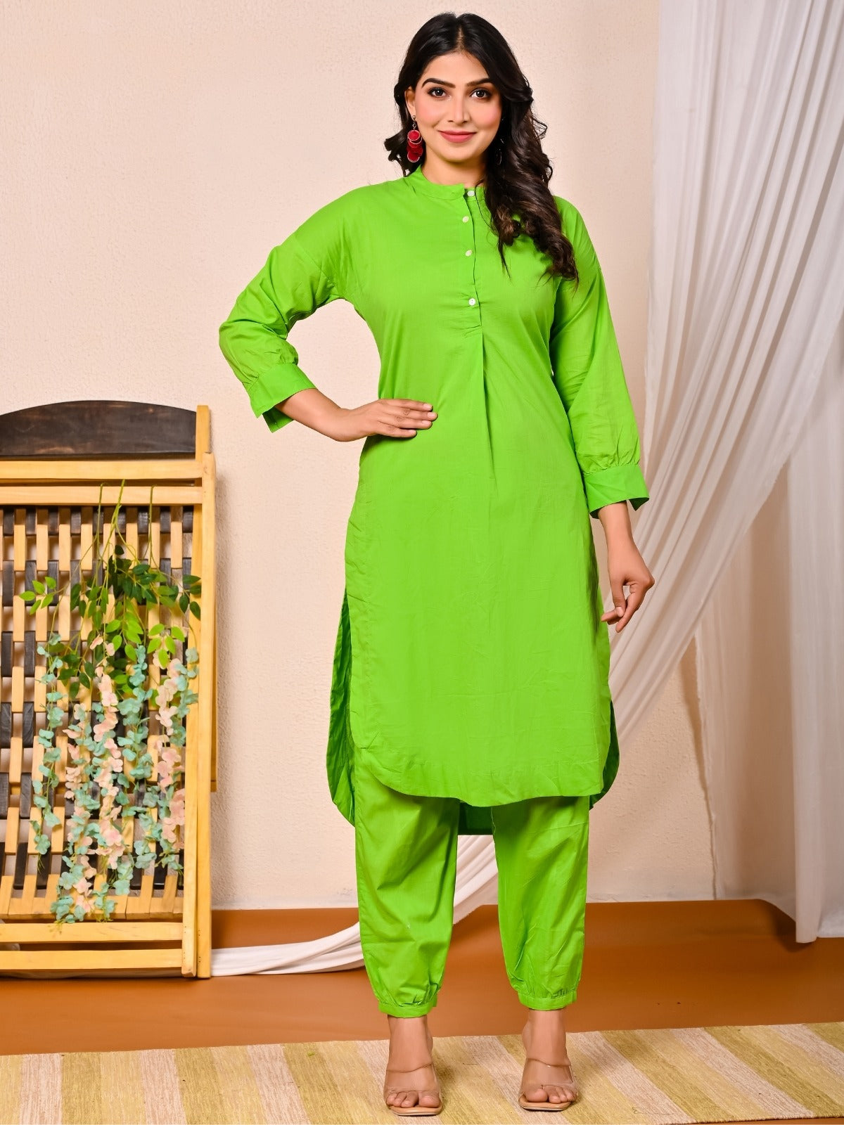 Womens Parrot Green Cotton Pathani Kurta and Pant Set