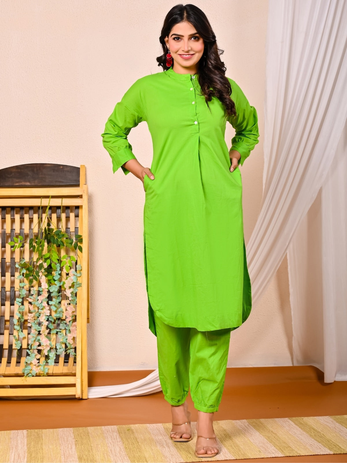 Womens Parrot Green Cotton Pathani Kurta and Pant Set