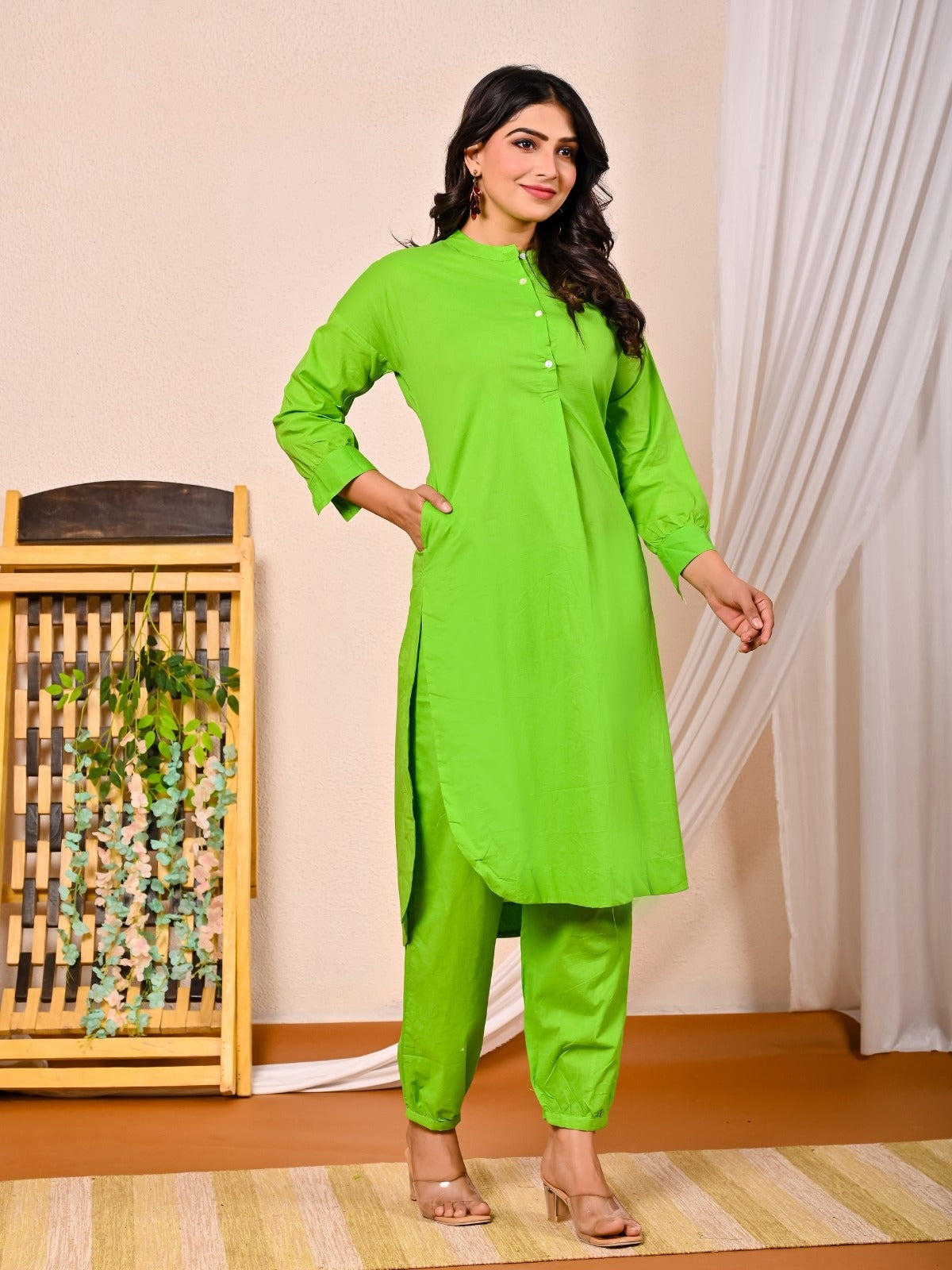 Womens Parrot Green Cotton Pathani Kurta and Pant Set