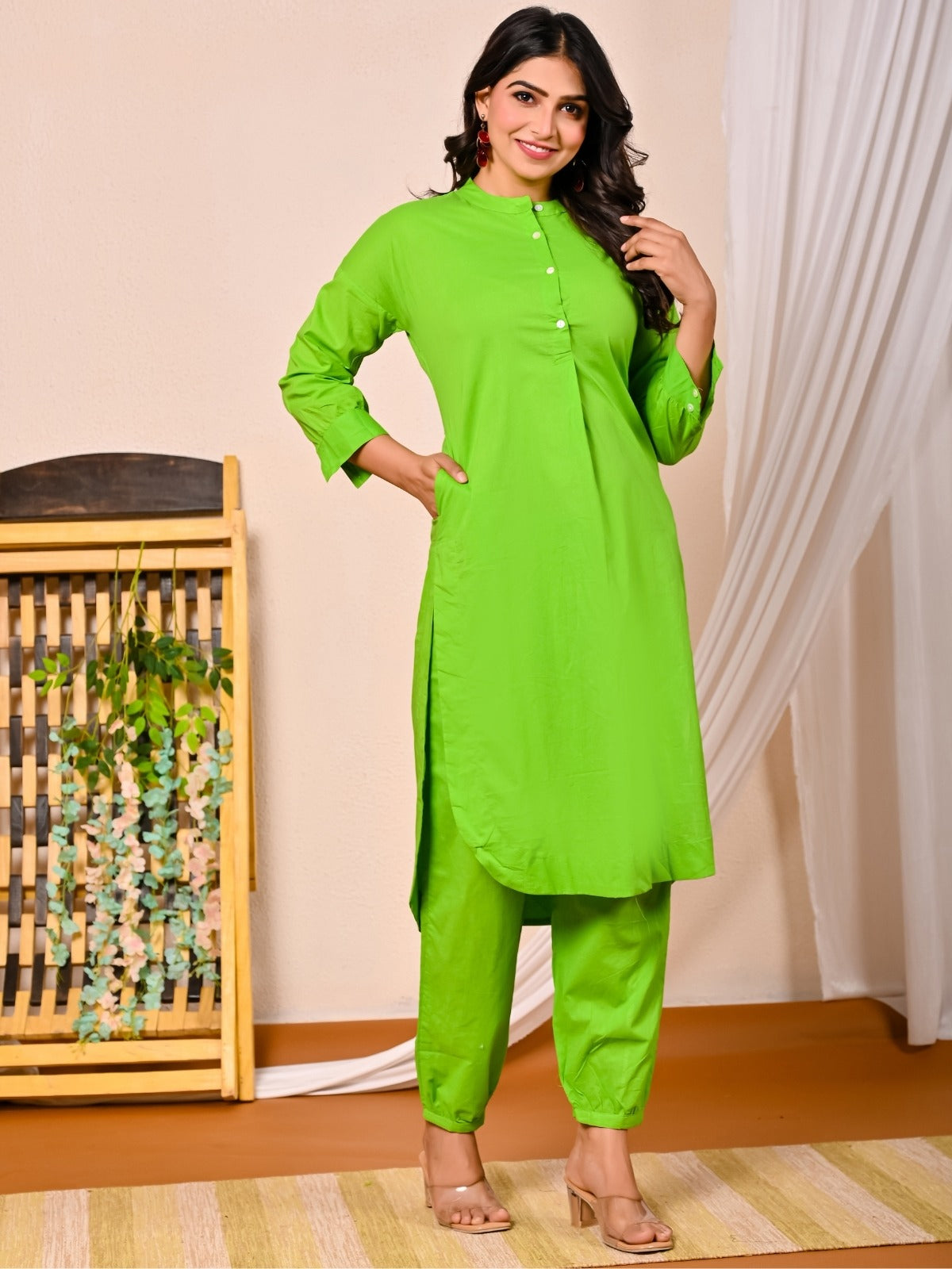 Womens Parrot Green Cotton Pathani Kurta and Pant Set