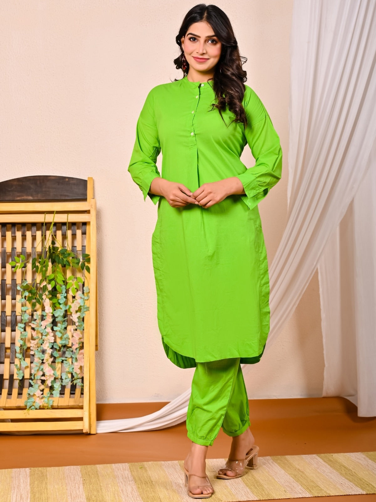 Womens Parrot Green Cotton Pathani Kurta and Pant Set