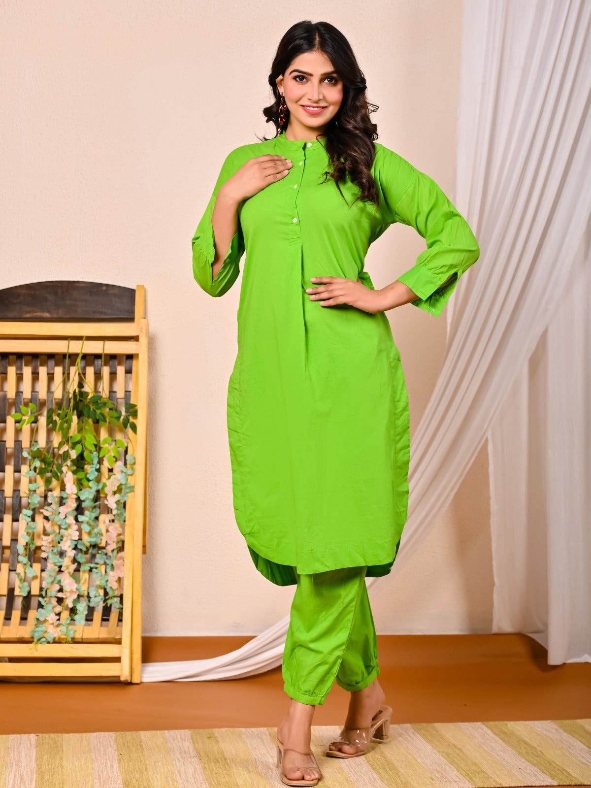 Womens Parrot Green Cotton Pathani Kurta and Pant Set