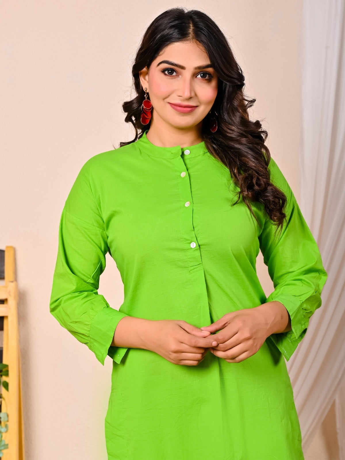 Womens Parrot Green Cotton Pathani Kurta and Pant Set