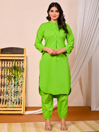 Womens Parrot Green Cotton Pathani Kurta and Pant Set