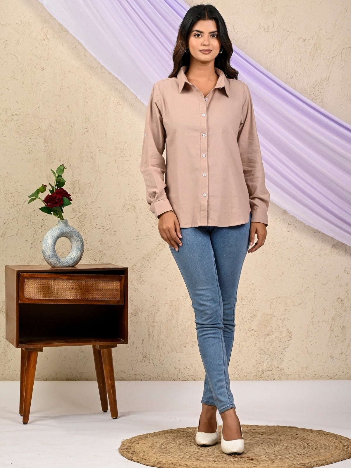 Womens Solid Peach Airy Linen Cotton Shirt