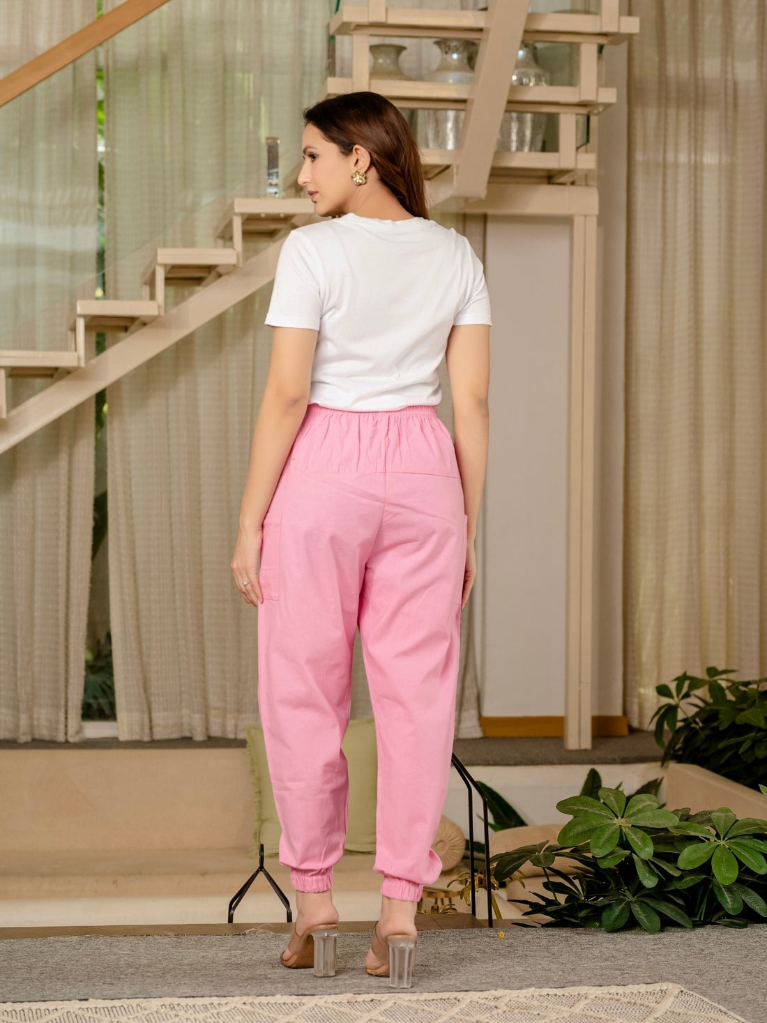Women's Pink Four Pocket Cotton Cargo Pants
