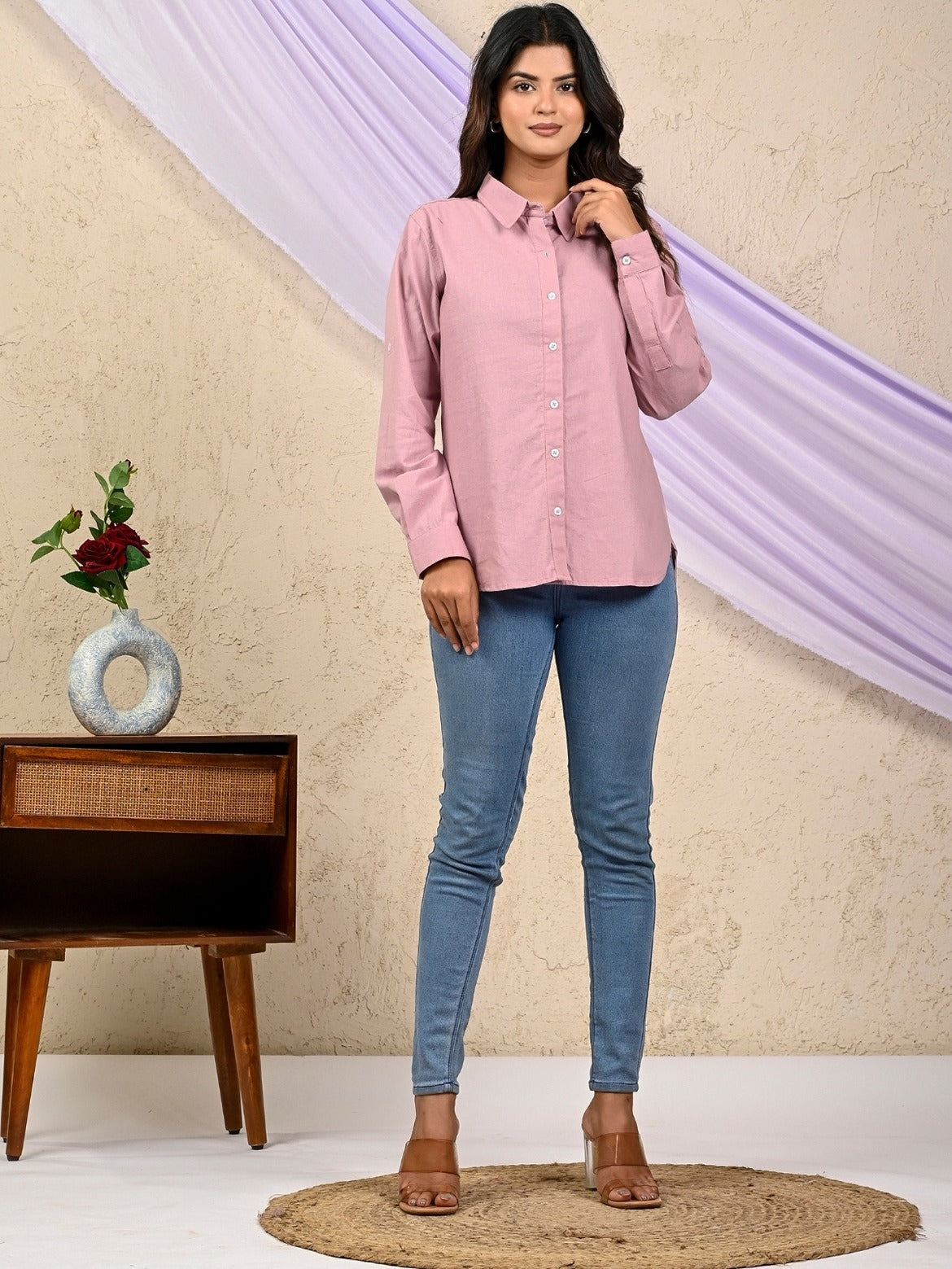 Womens Solid Pink Airy Linen Cotton Shirt