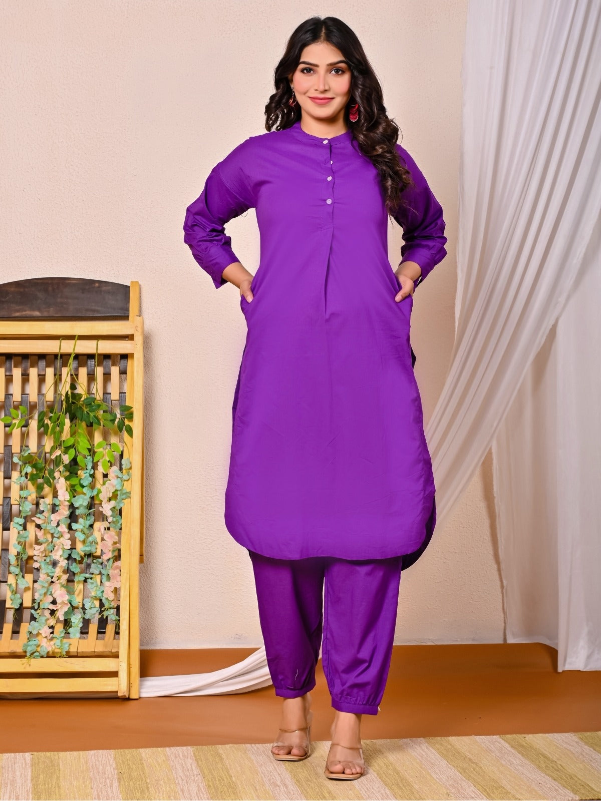 Womens Purple Cotton Pathani Kurta and Pant Set