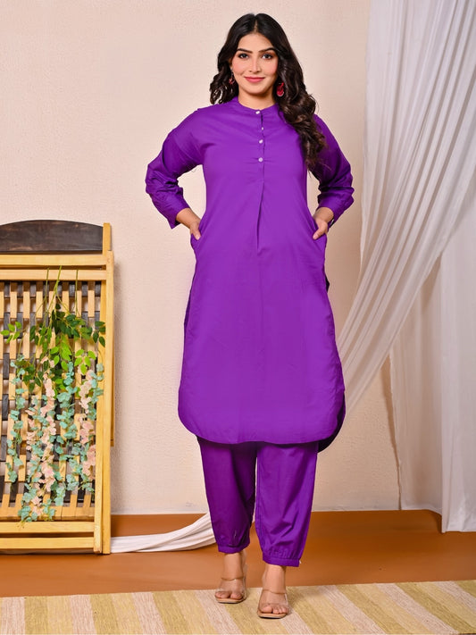 Womens Purple Cotton Pathani Kurta and Pant Set