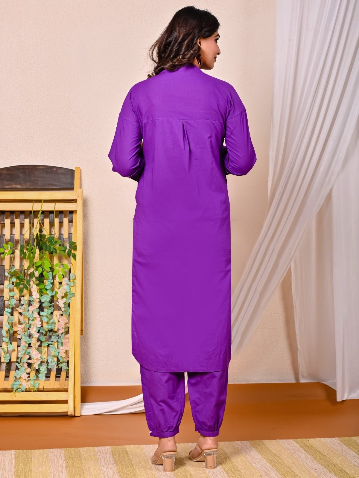 Womens Purple Cotton Pathani Kurta and Pant Set