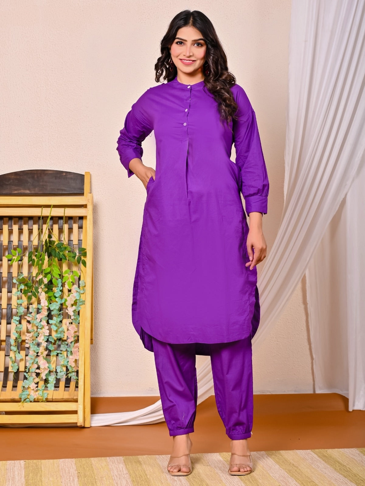 Womens Purple Cotton Pathani Kurta and Pant Set