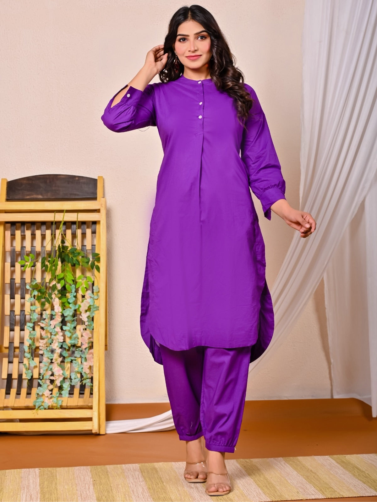 Womens Purple Cotton Pathani Kurta and Pant Set