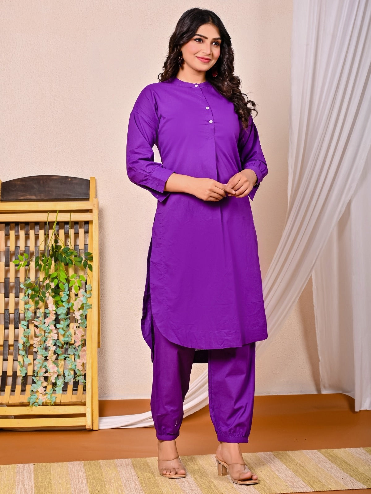 Womens Purple Cotton Pathani Kurta and Pant Set