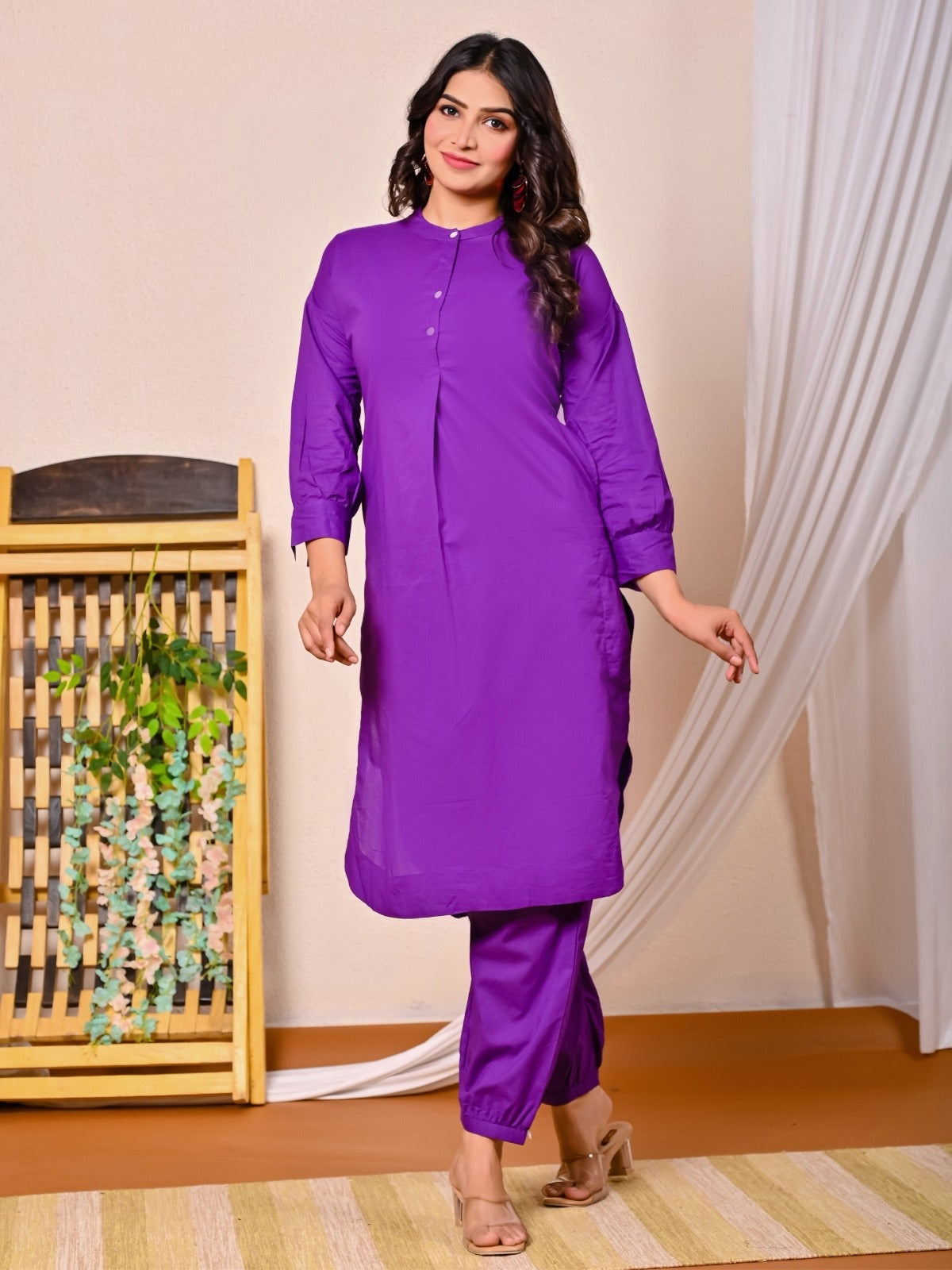 Womens Purple Cotton Pathani Kurta and Pant Set