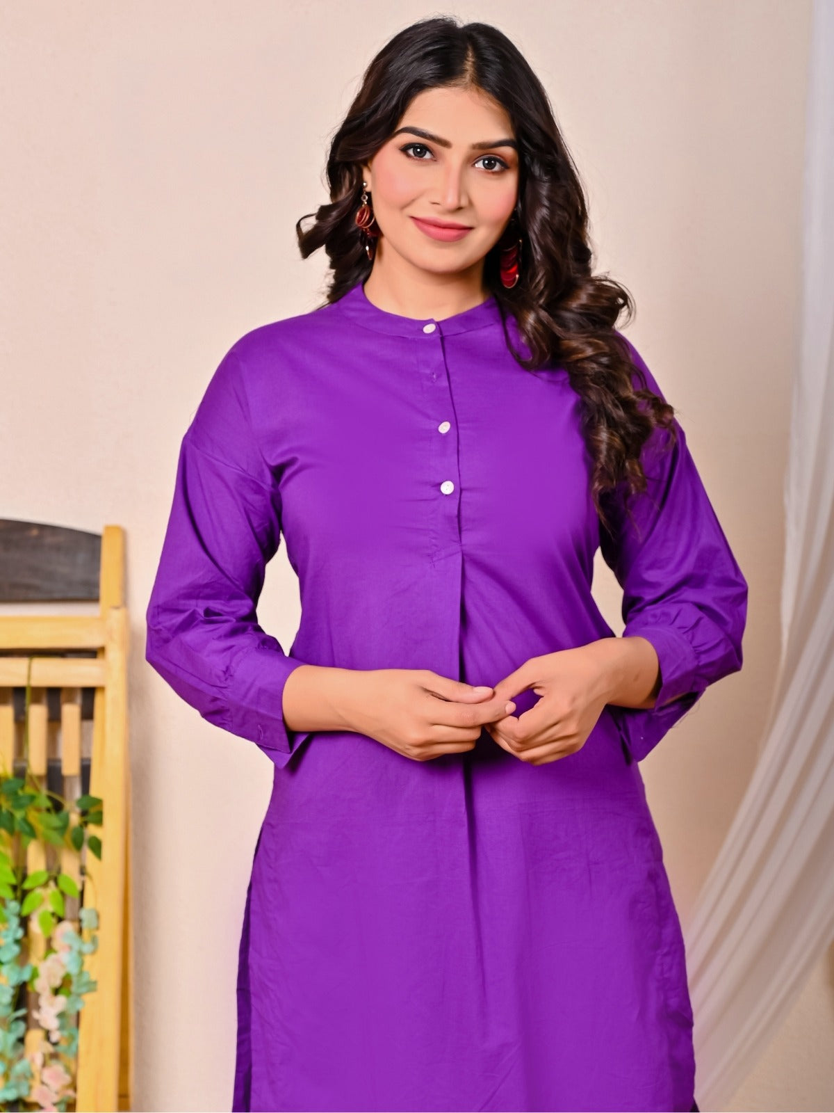 Womens Purple Cotton Pathani Kurta and Pant Set