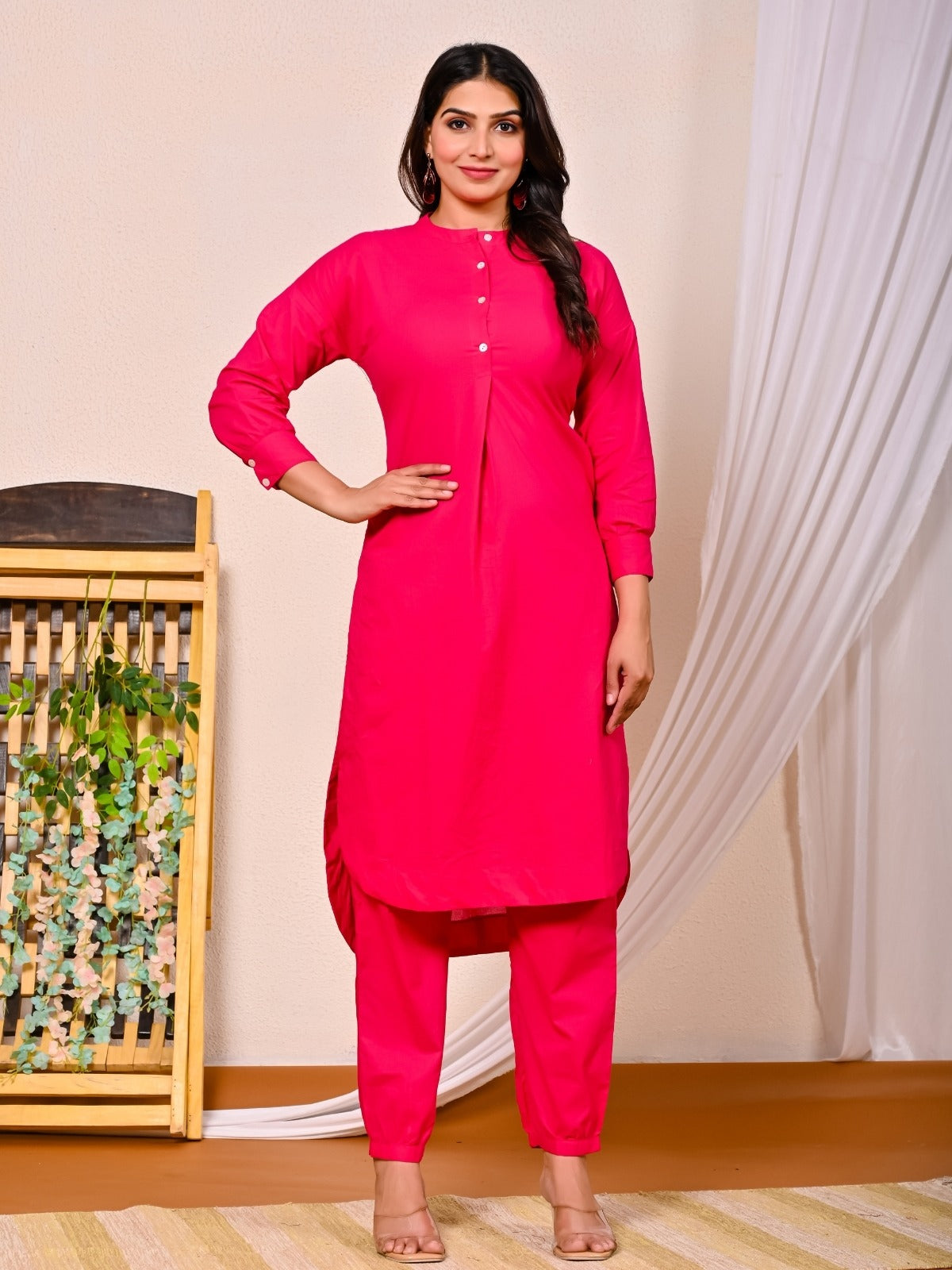 Womens Rani Pink Cotton Pathani Kurta and Pant Set