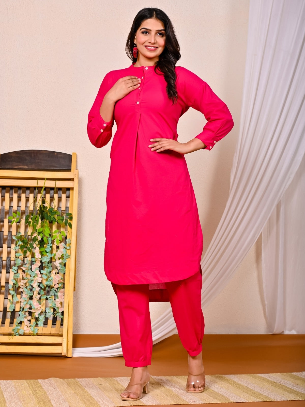 Womens Rani Pink Cotton Pathani Kurta and Pant Set