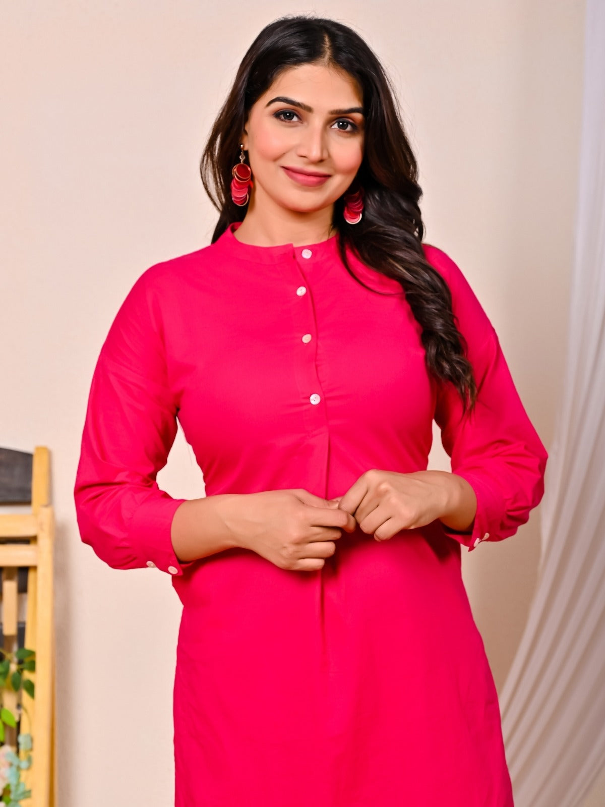 Womens Rani Pink Cotton Pathani Kurta and Pant Set