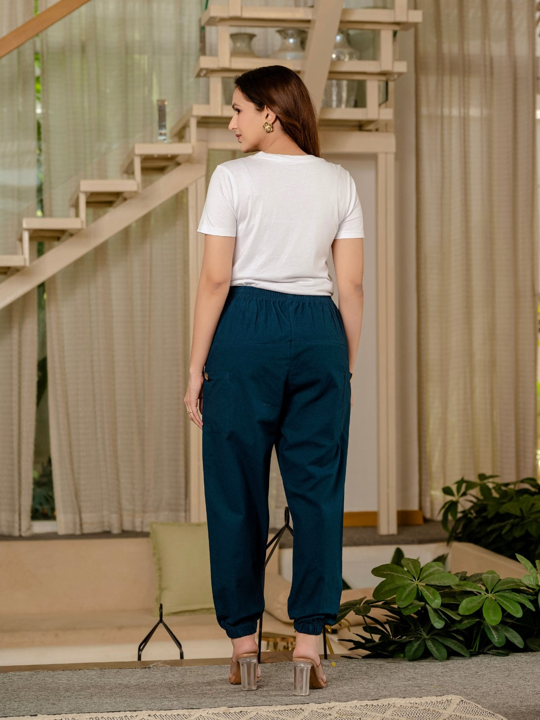 Women's Teal Blue Four Pocket Cotton Cargo Pants