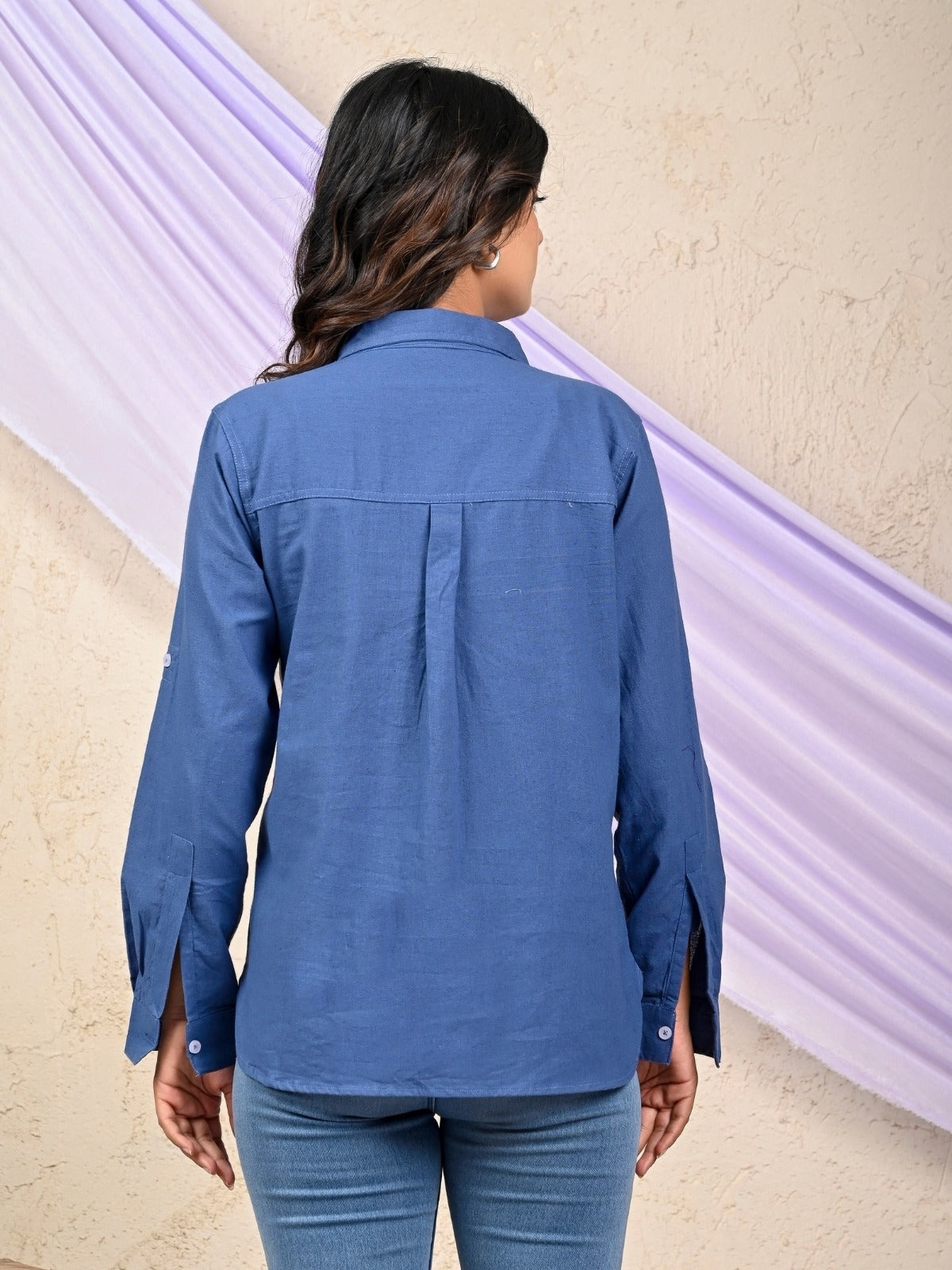 Womens Solid Teal Blue Airy Linen Cotton Shirt