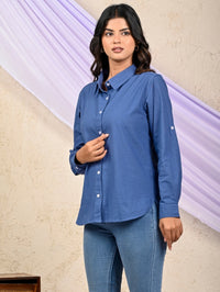 Womens Solid Teal Blue Airy Linen Cotton Shirt