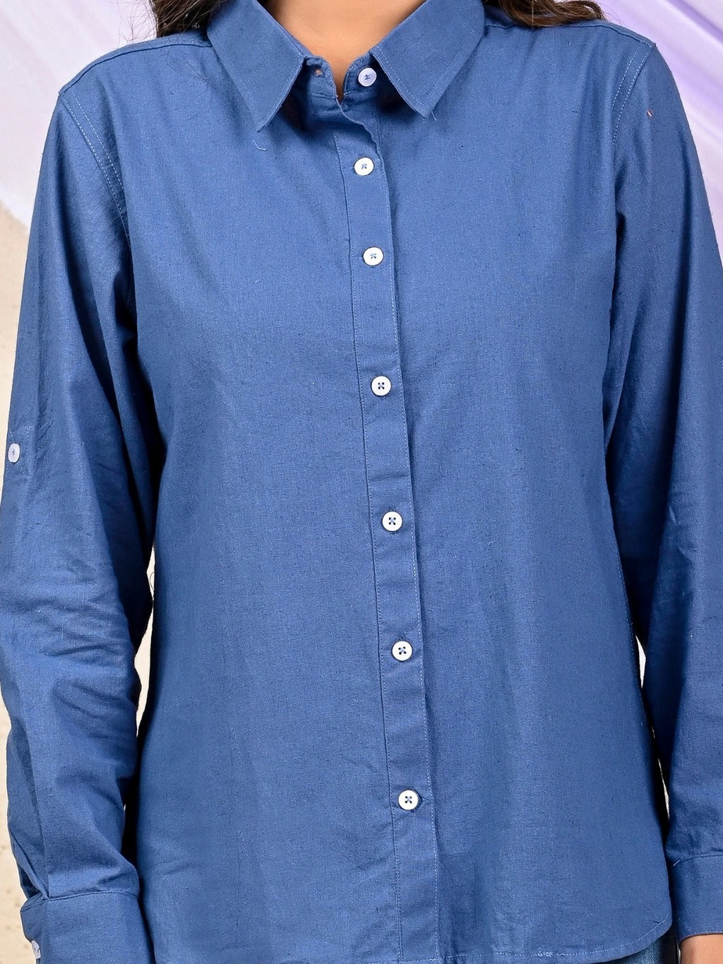 Womens Solid Teal Blue Airy Linen Cotton Shirt